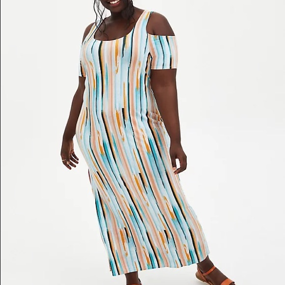 TORRID COLD SHOULDER ABSTRACT STRIPED DRESS NWT 1X - Picture 2 of 3